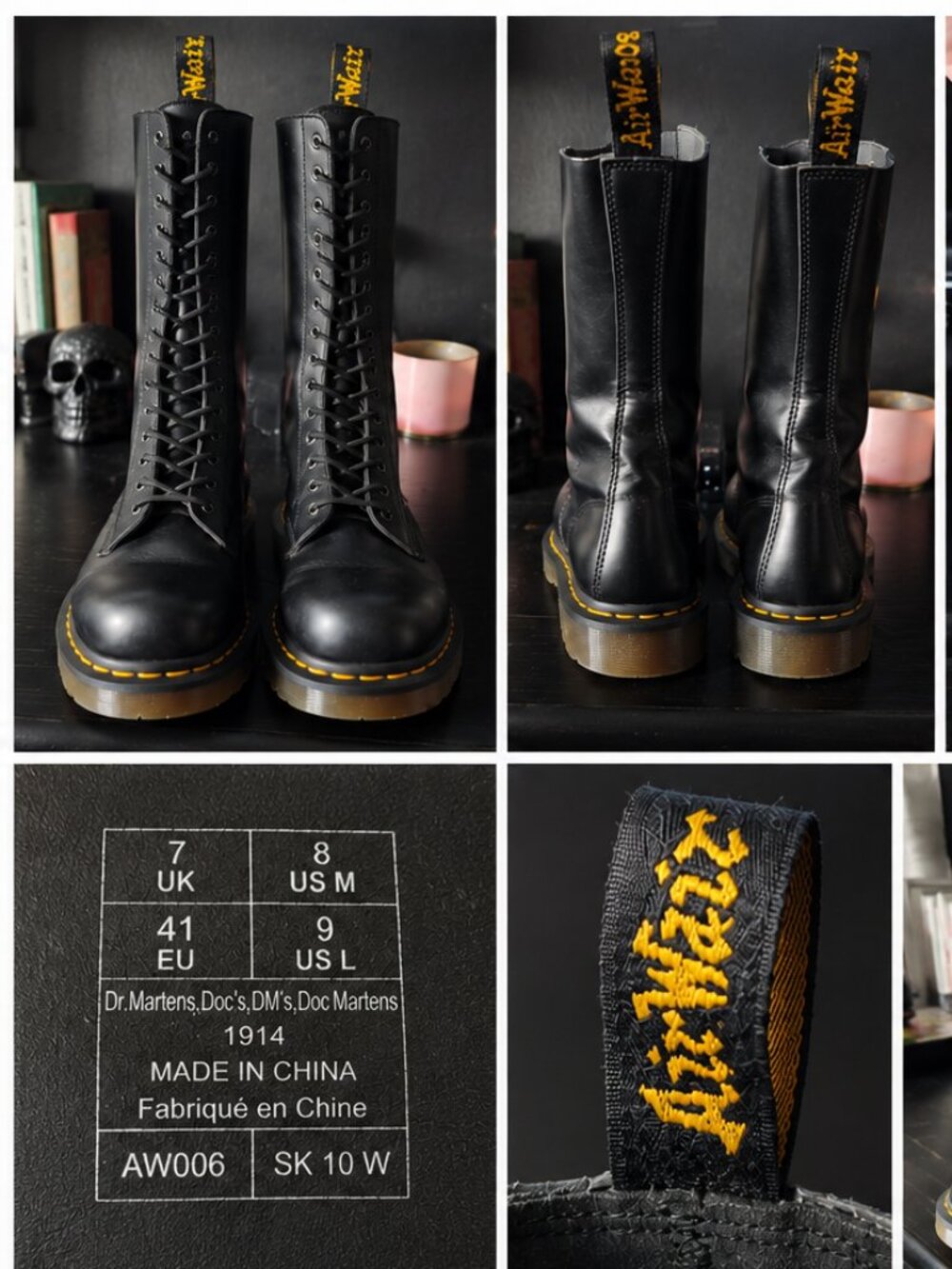 Dr. Martens 1914 14-Eye Tall Combat Boots Black Smooth Leather UK 7 US 8